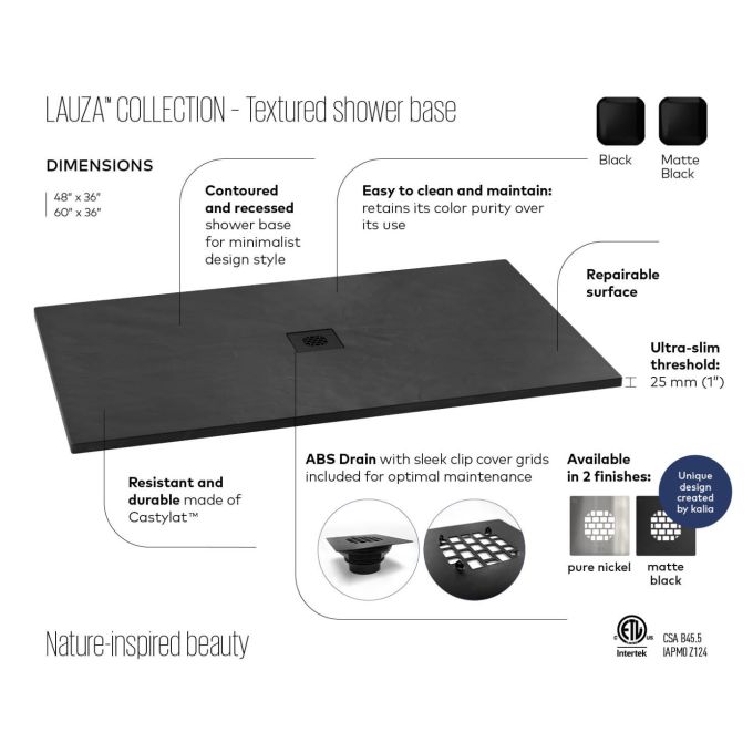 Kalia Lauza Castylat™ Shower Base - 60” x 36” - Textured Black / White