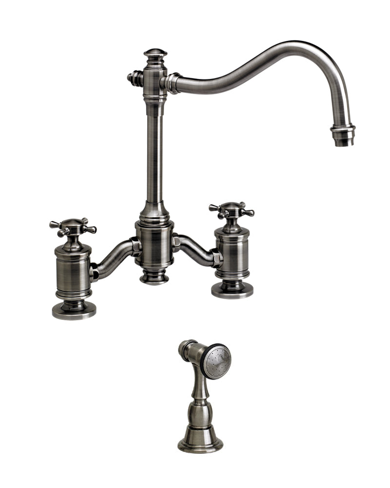 Waterstone ANNAPOLIS BRIDGE FAUCET WITH HOOK SPOUT AND CROSS HANDLES including SIDE SPRAY